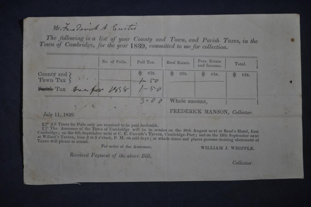 1839 Cambridge Taxes for Frederick A Eustis