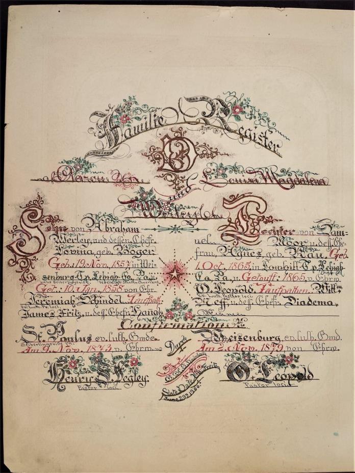 LOT antique LEINBACH signed FRAKTUR fogelsville pa WERLEY MOOR 1800s GENEALOGY