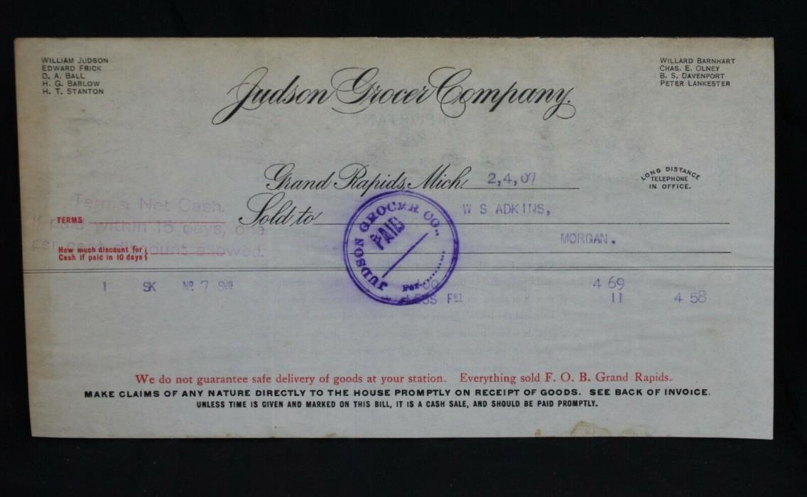 Vtg Grand Rapids Michigan 1907 Invoice Paper Bill Judson Grocer Co Stamped Typed