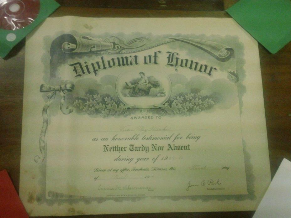 School Diploma Of Honor Award 1909-10 Neither Tardy Nor Absent Fredonia Kansas