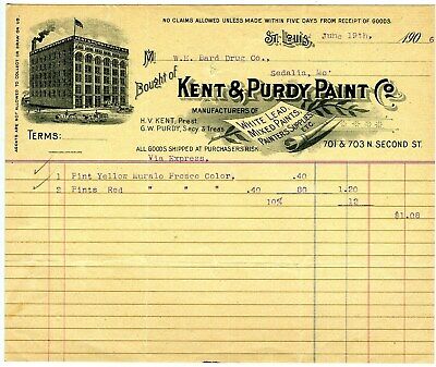 Kent & Purdy Paint Co. Invoice St Louis Missouri 1906 Horse Drawn Wagons
