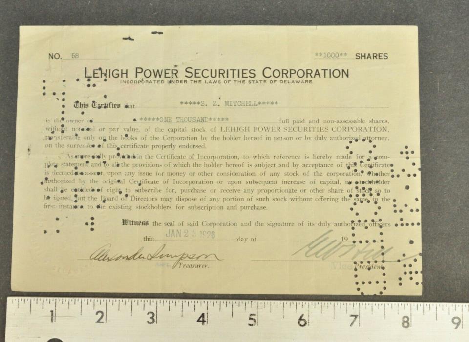 Antique Vtg 1926 Lehigh Power Securities Corporation Stock Certificate Delaware