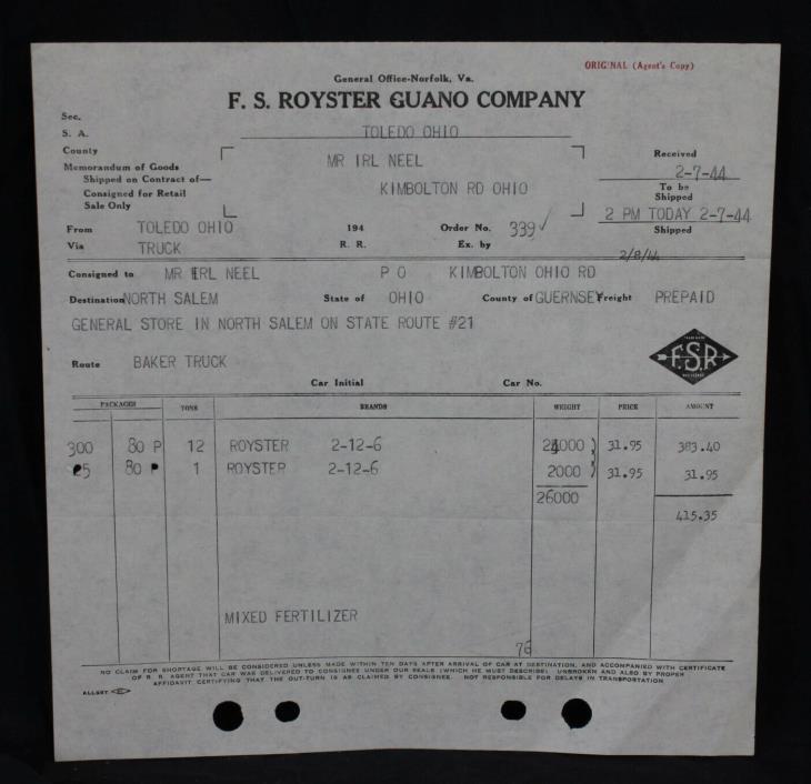 Vtg Toledo Ohio 1944 Invoice FS Royster Guano Co General Store Bill Fertilizer