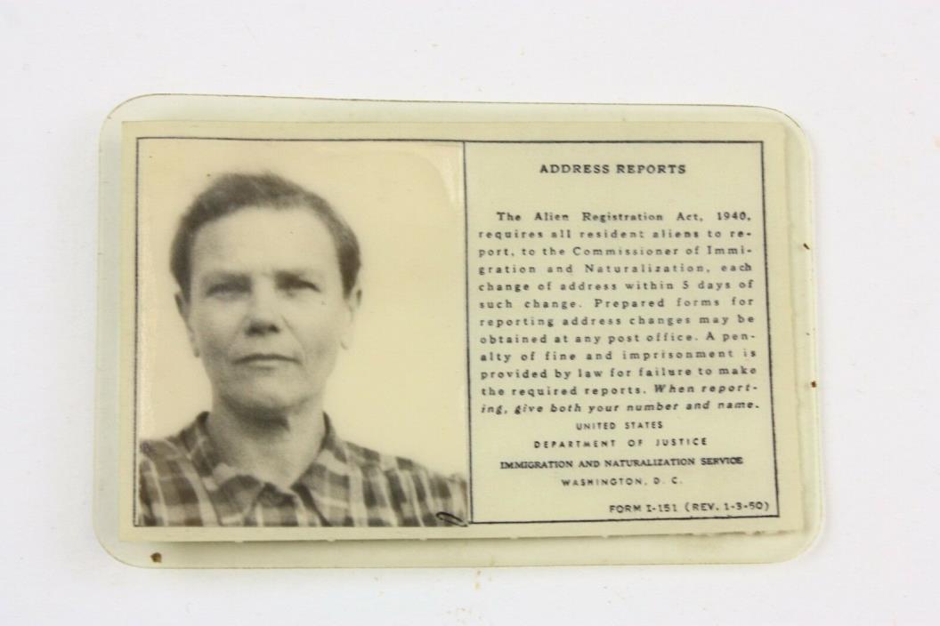 Vintage Immigration Naturalization Alien Registration ID Card Photo 1950