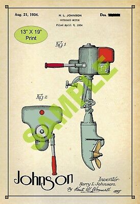 U.S. Patent Drawing Art Print Johnson Outboard Boat Motor2 Sports Room Poster