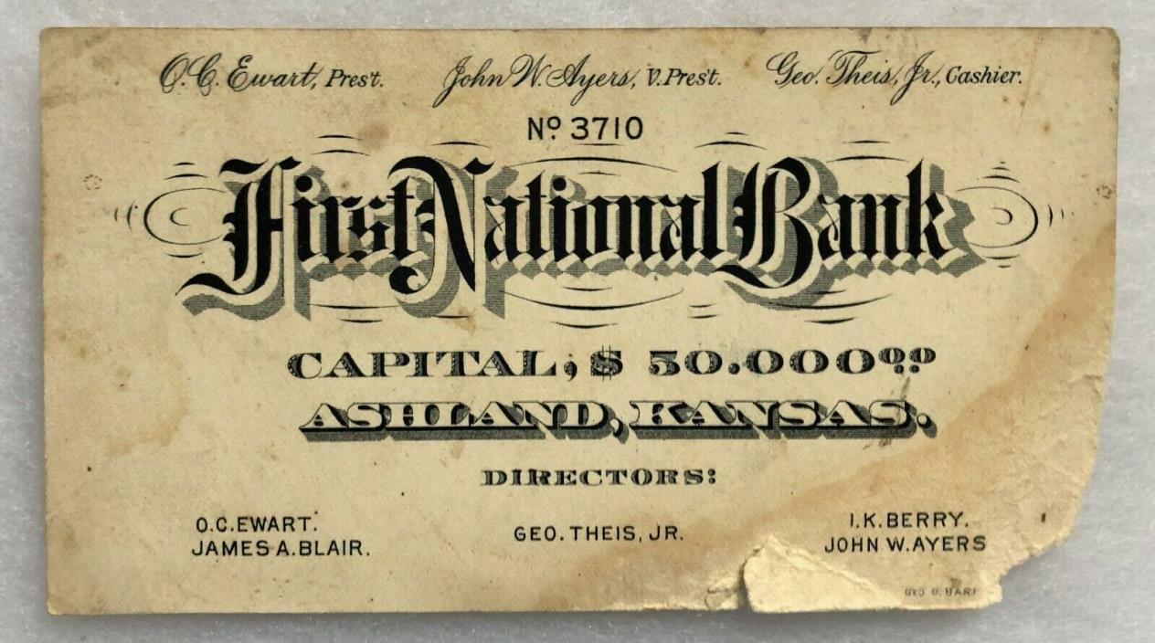 EARLY BUSINESS CARD - 1st NATIONAL BANK - ASHLAND KANSAS