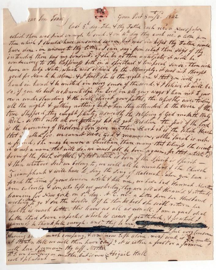 1842 GREENPORT Long Island NEW YORK Document LETTER ALS Abigail Hall ISAAC NY