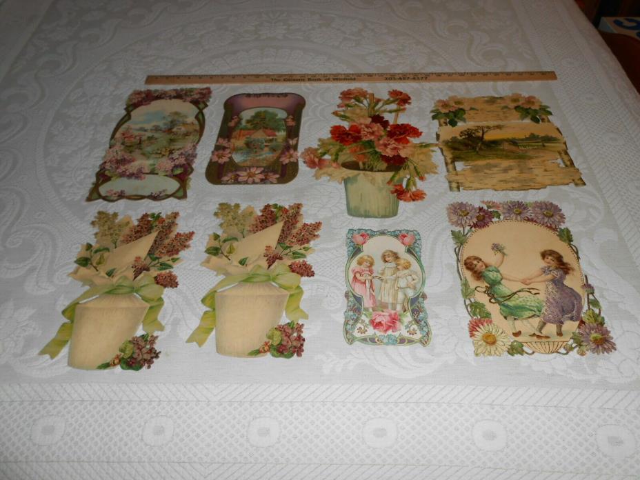 Lot Of 8 Large 1900 Antique Victorian Die-Cut Sign Flowers  NOS