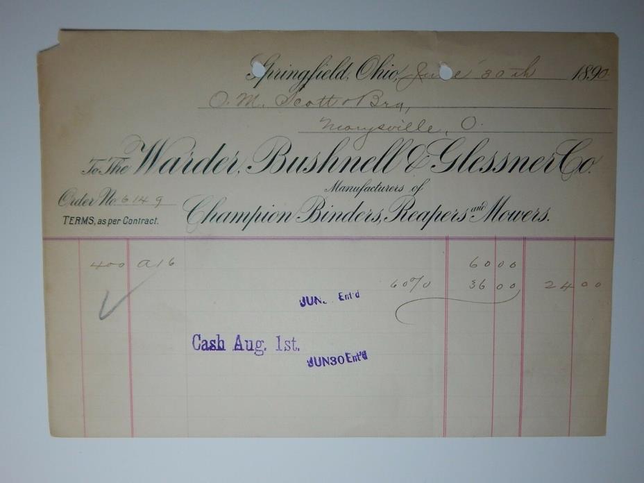 1890 WARDER BUSHNELL & GLESSNER CO A16 SPRINGFIELD Ohio Letterhead