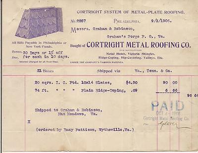 1906 Cortright Metal Roofing Co PHILADELPHIA Billhead Slates Victoria Shingles