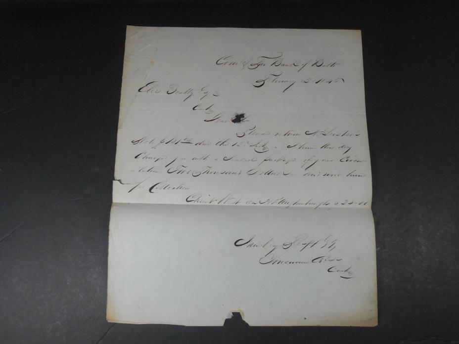 1840 BATH BANK COLLECTION LETTER BALTIMORE MARYLAND HISTORICAL PAPER EPHEMERA