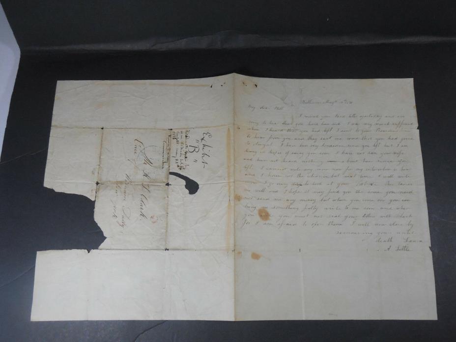1851 BALTIMORE MARYLAND LOVE MISSING YOU LETTER HISTORICAL PAPER EPHEMERA