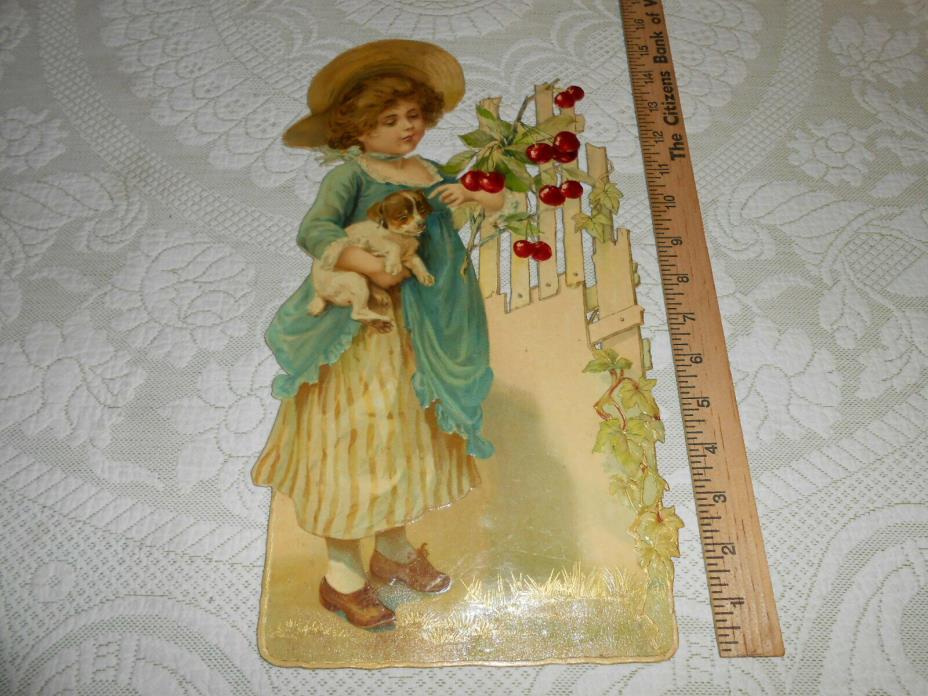 Large 1900 Antique Victorian Die-Cut Sign Little Girl With Puppy Dog NOS