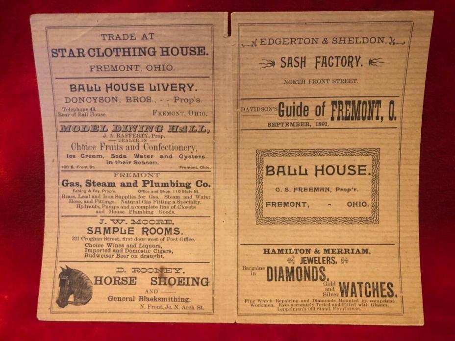 Vintage Antique 1891 Davidson's Guide To Fremont Ohio Paper Advertisement