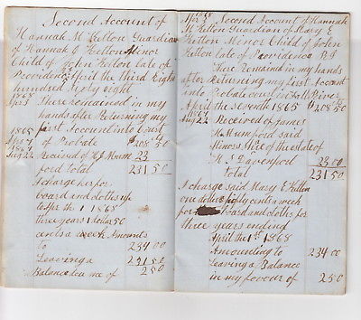 Providence Rhode Island 1860s Kelton Family Account Book, Guardianship