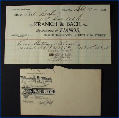 VINTAGE 1902 KRANICH & BACH PIANOS FANCY ENVELOPE & RECEIPT, RACH