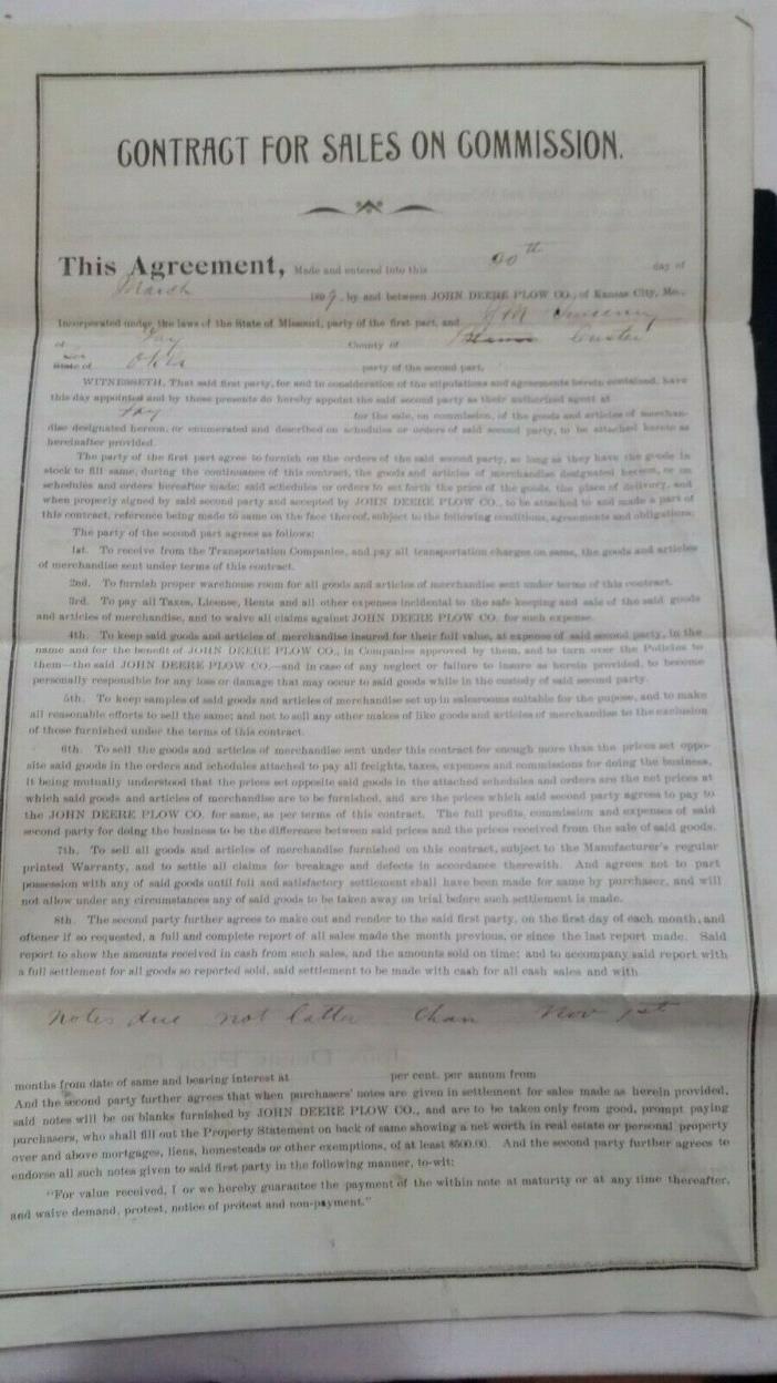 1899 Kansas City Missouri Sales Contract John Deere Plow Co & J M Sweeney