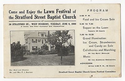 Rare 1909 WEST ROXBURY BOSTON MASSACHUSETTS Stratford St Baptist Church Program