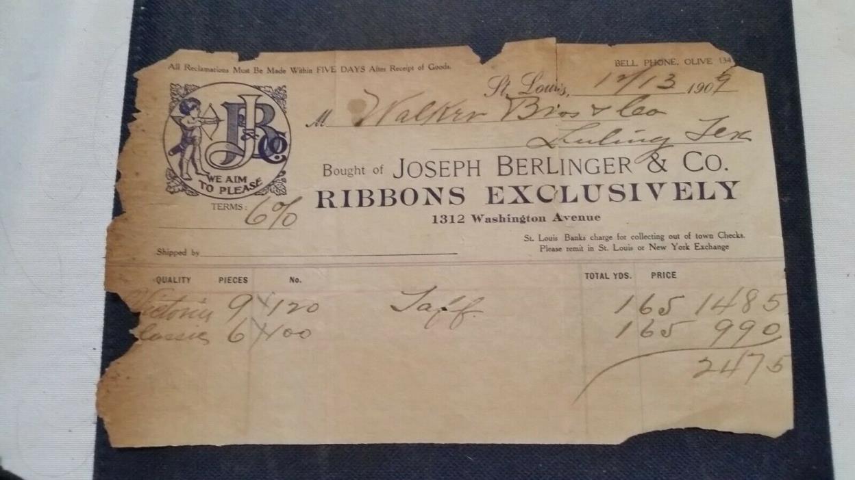 1909 St Louis Missouri Billhead Joseph Berlinger & Co Ribbons Exclusively