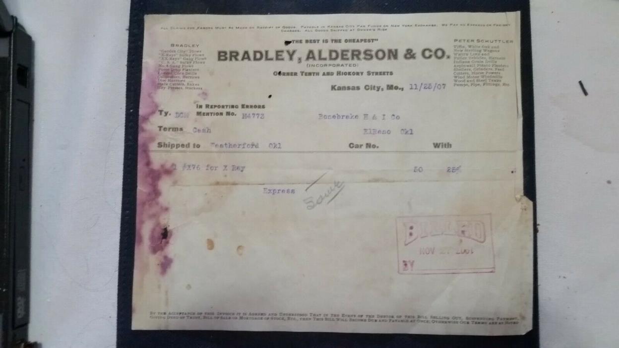 1907 Kansas City Missouri Billhead Bradley Alderson & Co Wagons Windmills