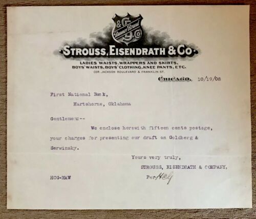 STROUSS, EISENDRATH & CO. Chicago 1908 Antique Letterhead/Billhead Clothing