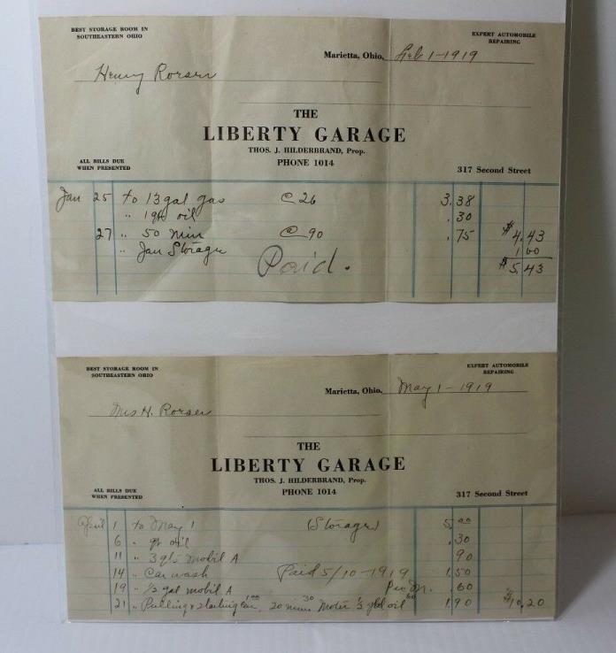 1919 MARIETTA OH OHIO THE LIBERTY GARAGE Letterhead-Receipt AUTO REPAIR