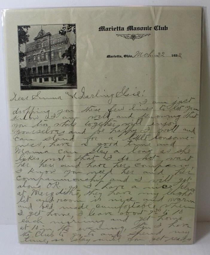 1922 MARIETTA OH OHIO MASONIC CLUB LETTERHEAD & ENVELOPE