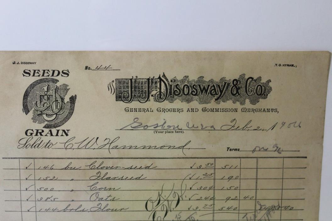 1900 JJ DISOWAY CO MERCHANTS WV Letterhead Receipt General Grocers Seeds & Grain