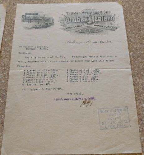 1904 THOMAS MATTHEW & SON LUMBER DEALERS BALTIMORE letterhead Horse-drawn wagons