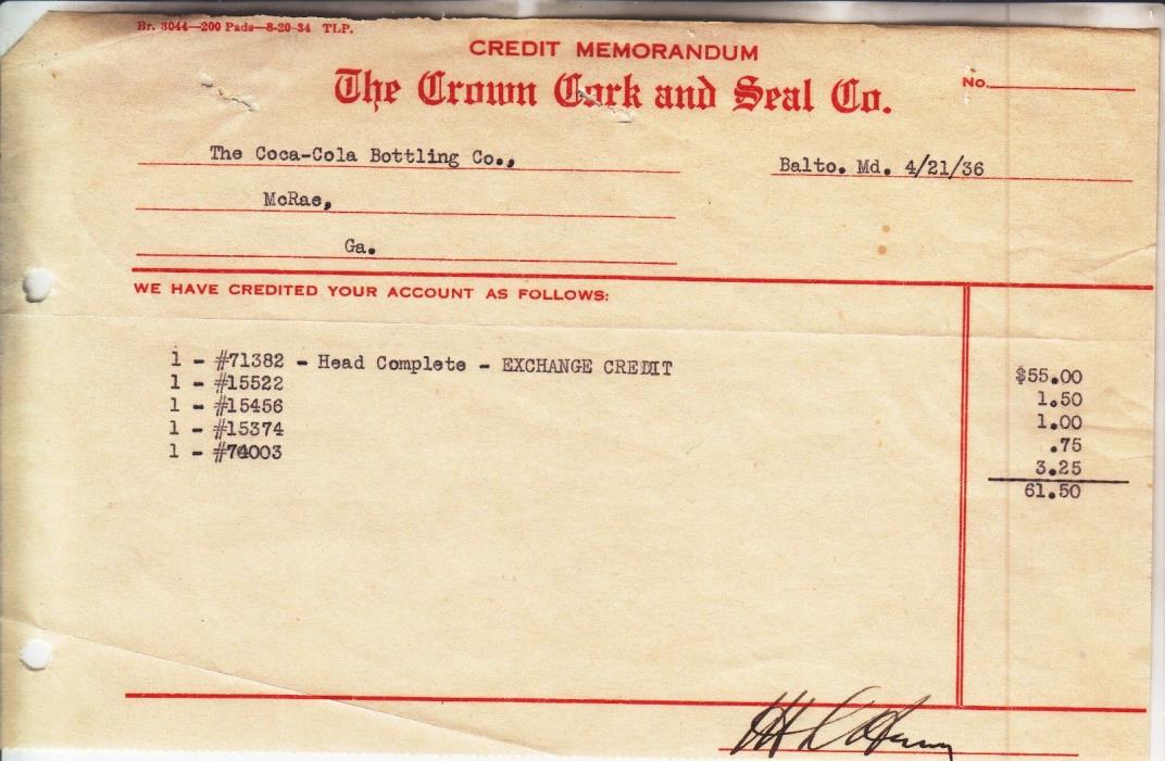 THE CROWN CORK AND SEAL CO. BALTO MD CREDIT MEMORANDUM DATED 4/21/36