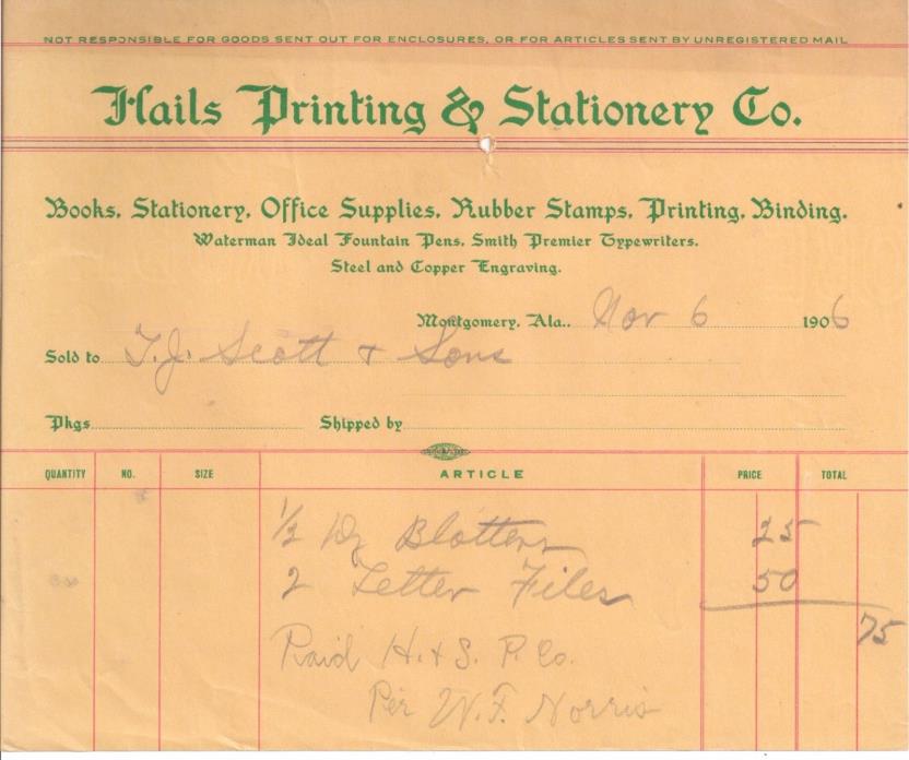 1906 Hails Printing & Stationary Company Montgomery Alabama T. J. Scott & Sons