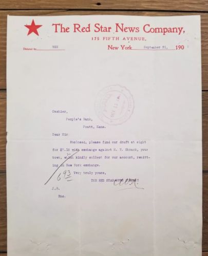 RARE 1907 Letterhead The Red Star News Company New York City