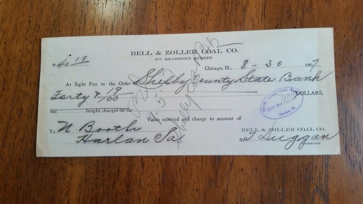 1907 Chicago Illinois Check Receipt Bell & Zoller Coal Co