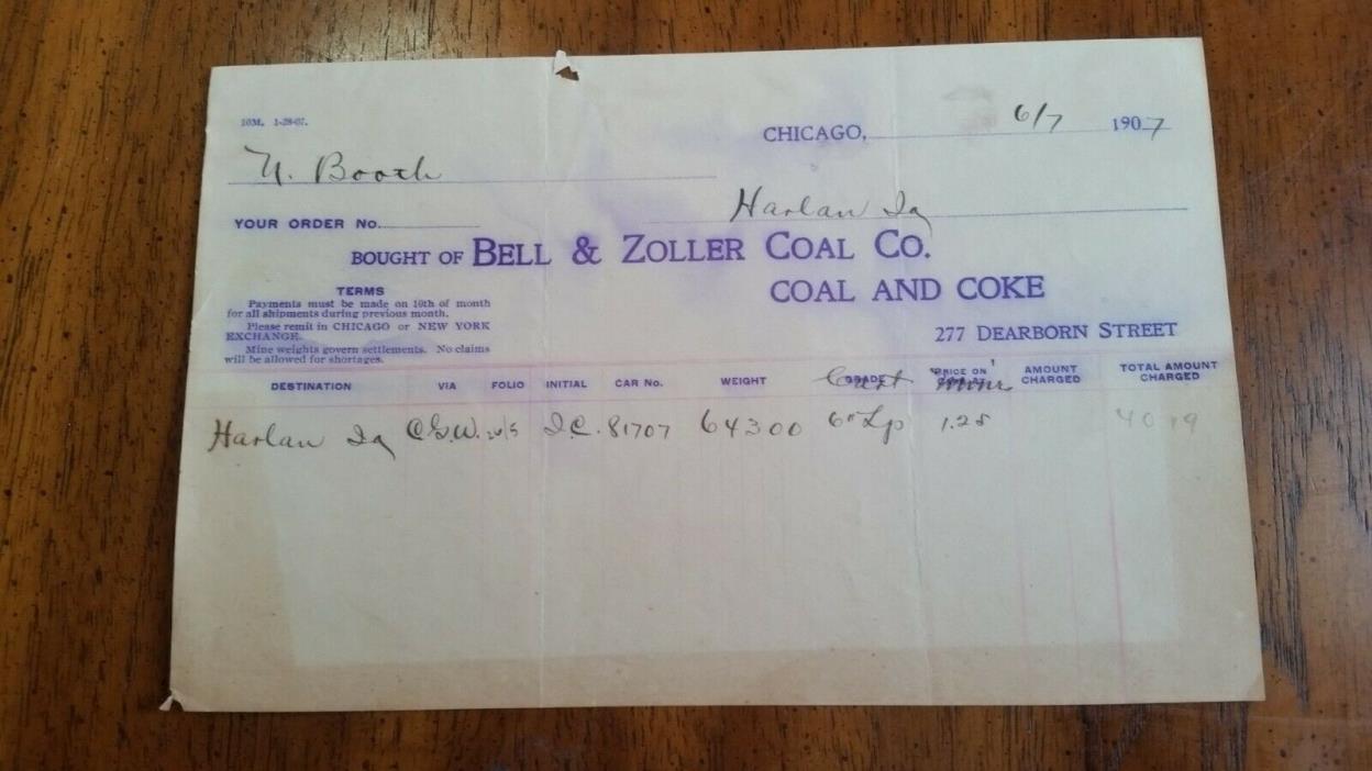 1907 Chicago Illinois Billhead Bell & Zoller Coal Co Coal and Coke