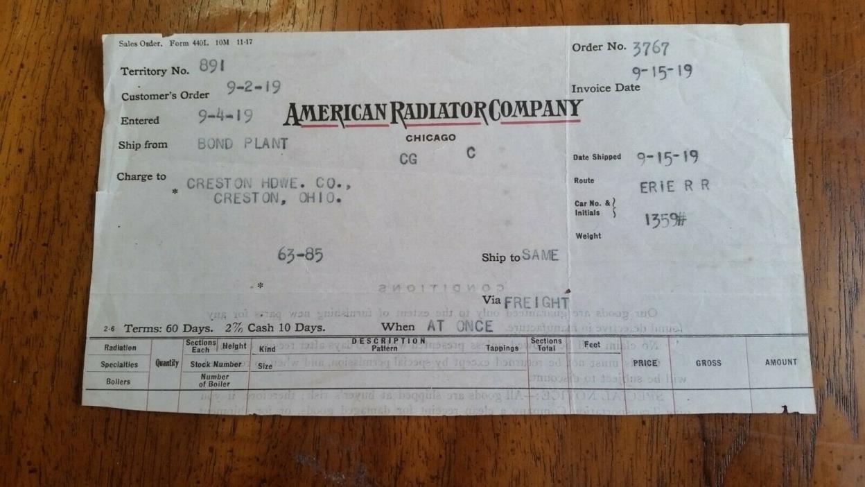 1919 Chicago Illinois Billhead American Radiator Company