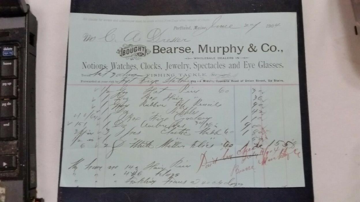 1904 Portland Maine Billhead Bearse Murphy & Co Watches Clocks Jewelry