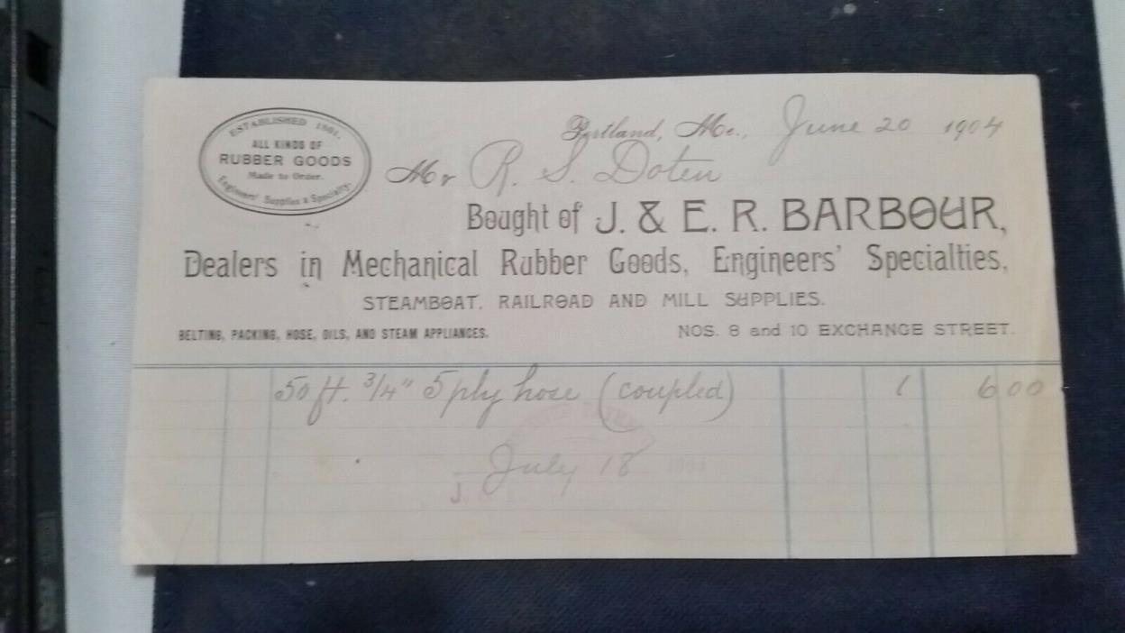 1904 Portland Maine Billhead J & E R Barbour Railroad and Mill Supplies