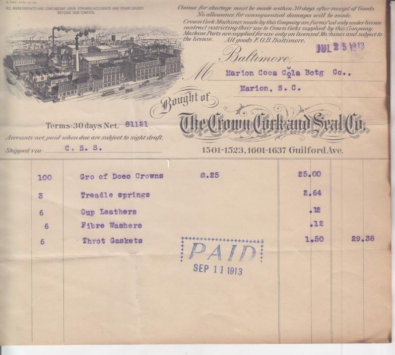 THE CROWN CORK AND SEAL CO. BALTIMORE, INVOICE DATED  JULY 25, 1913