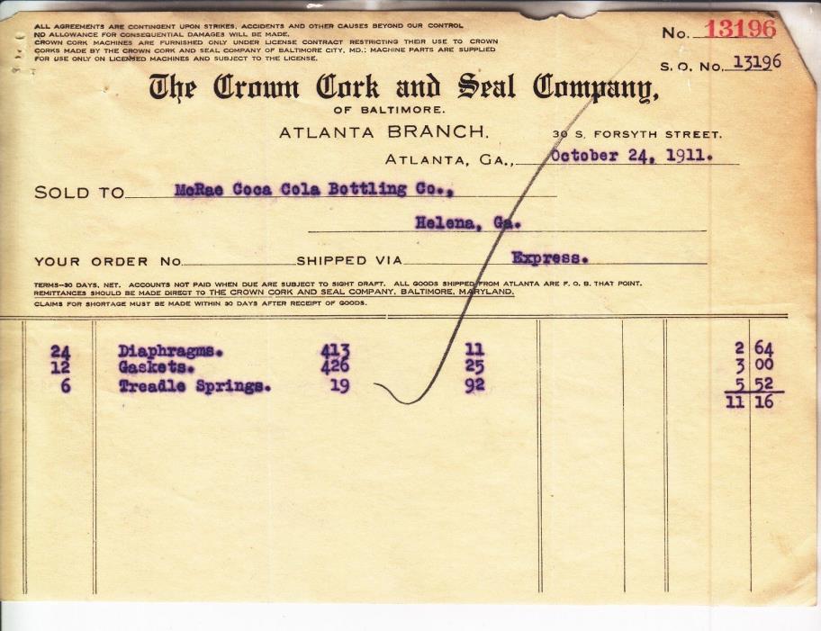 THE CROWN CORK AND SEAL CO. BALTIMORE, INVOICE DATED OCTOBER 24, 1911