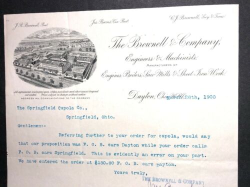 Signed Brownell Engineers Machinists Letterhead Dayton Ohio Mfr Saw Mills