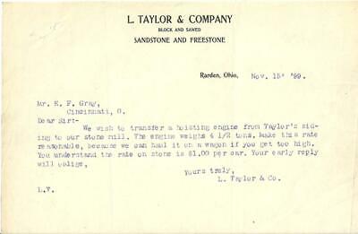 1899 letter, L. Taylor & Co, Sandstone and Freestone, Rarden, Ohio
