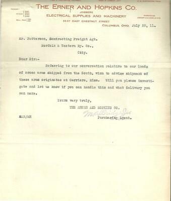 1911 letter, Erner & Hopkins, Electrical Supplies, Columbus, Ohio
