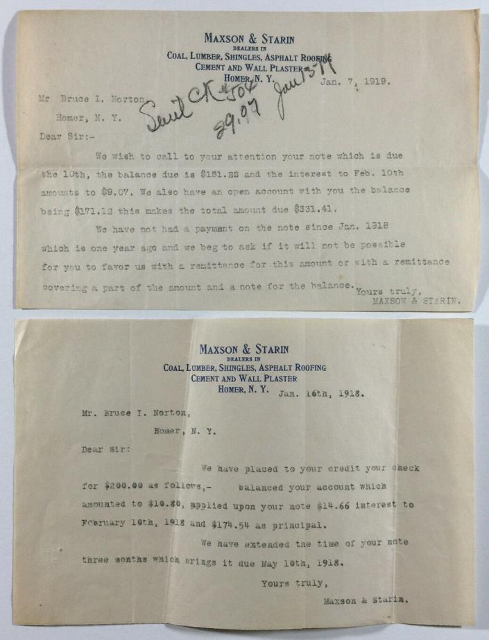 Vintage Letterheads Maxon And Starin Coal Lumber Shingles Homer NY 1918