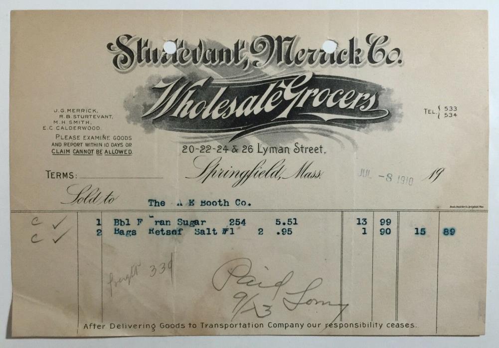 Vintage Billhead Sturtevant Merrick Co Grocers Springfield Massachusetts 1910