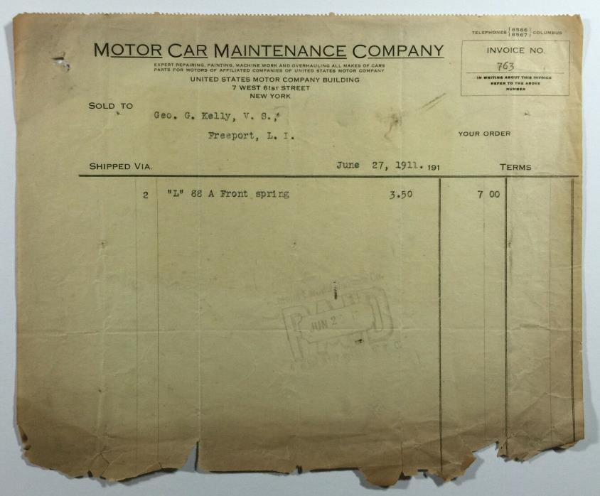 Vintage Billhead Motor Car Maintenance Company New York City 1911