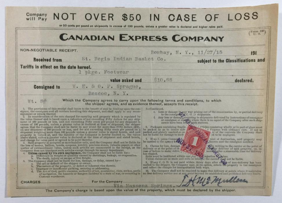 VTG Canadian Express Company Receipt St. Regis Indian Basket Co Bombay NY 1915