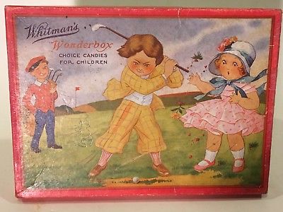 NICE ADVERTISING ANTIQUE WHITEMAN'S CANDY BOX GOLF KIDS CADDY WOOD SHAFT CLUBS