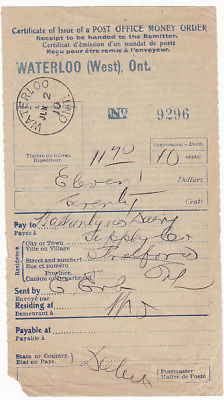 Printed Vintage 1910 Receipt Post office Money Order Waterloo