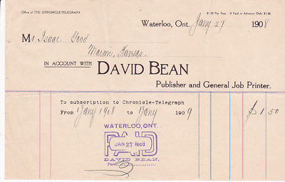 Printed Vintage 1908 David Bean Publisher Printer Chronicle-Telegraph Waterloo