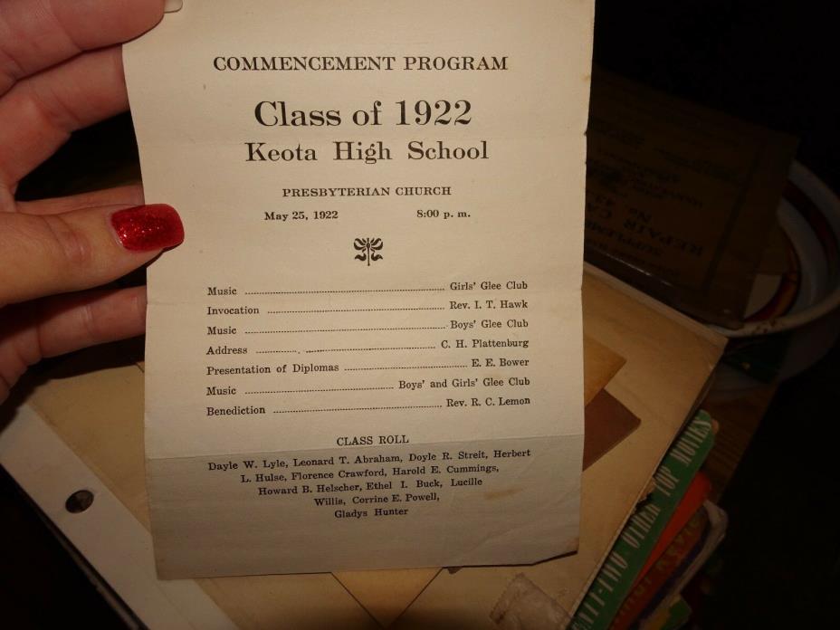 Keota Iowa High School Commencement Program - 1922 - local names